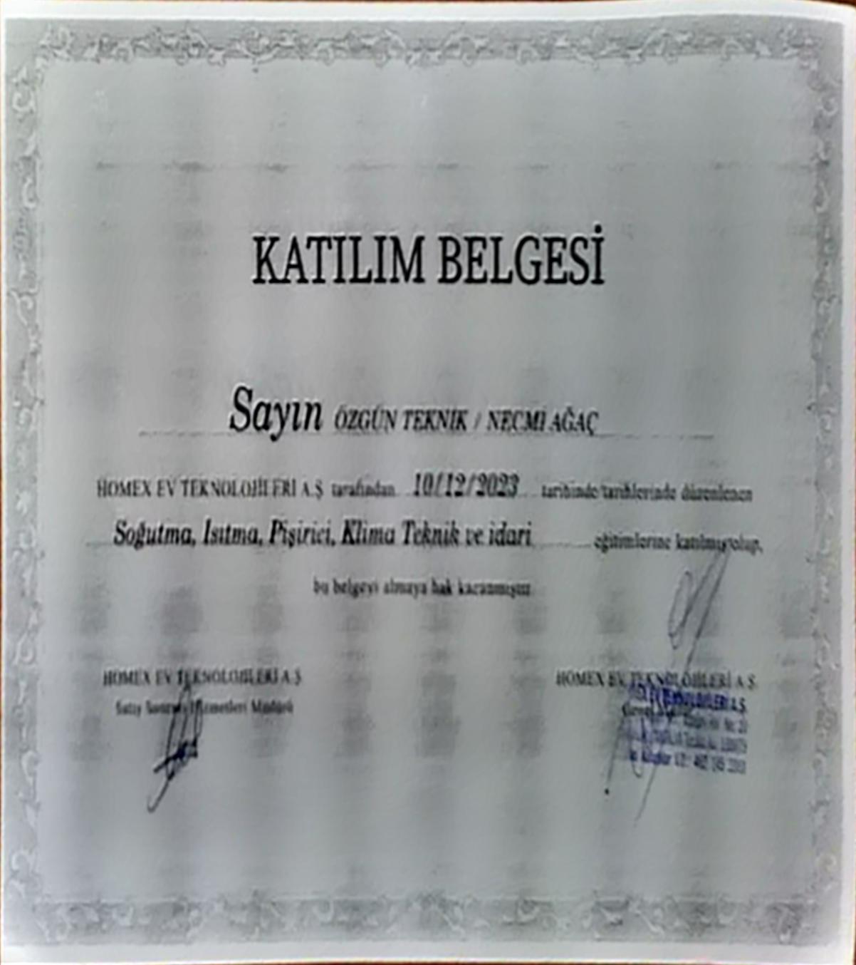 Soğutma ve Isıtma Sistemleri Katılım Belgesi